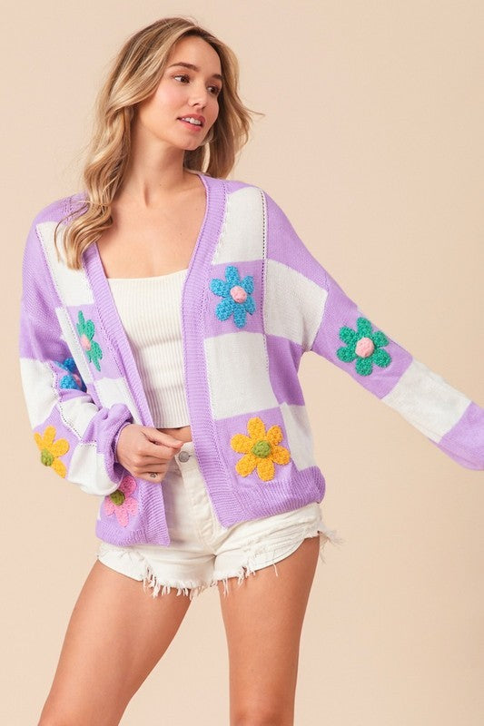 BiBi Crochet Flower Checker Long Sleeve Sweater Cardigan-170 Cardigans- Simply Simpson's Boutique is a Women's Online Fashion Boutique Located in Jupiter, Florida