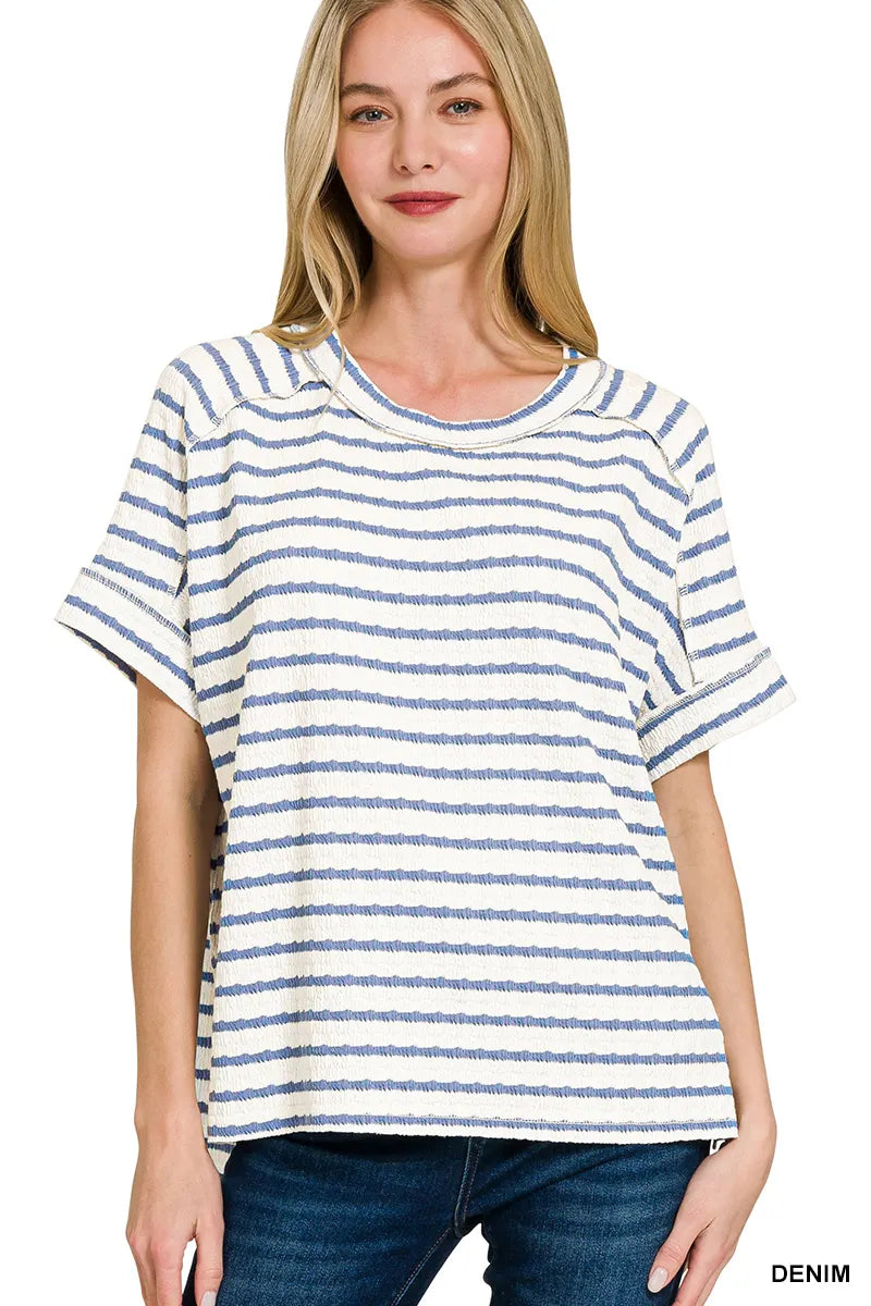 Denim Blue Striped Box Tee- Simply Simpson's Boutique is a Women's Online Fashion Boutique Located in Jupiter, Florida
