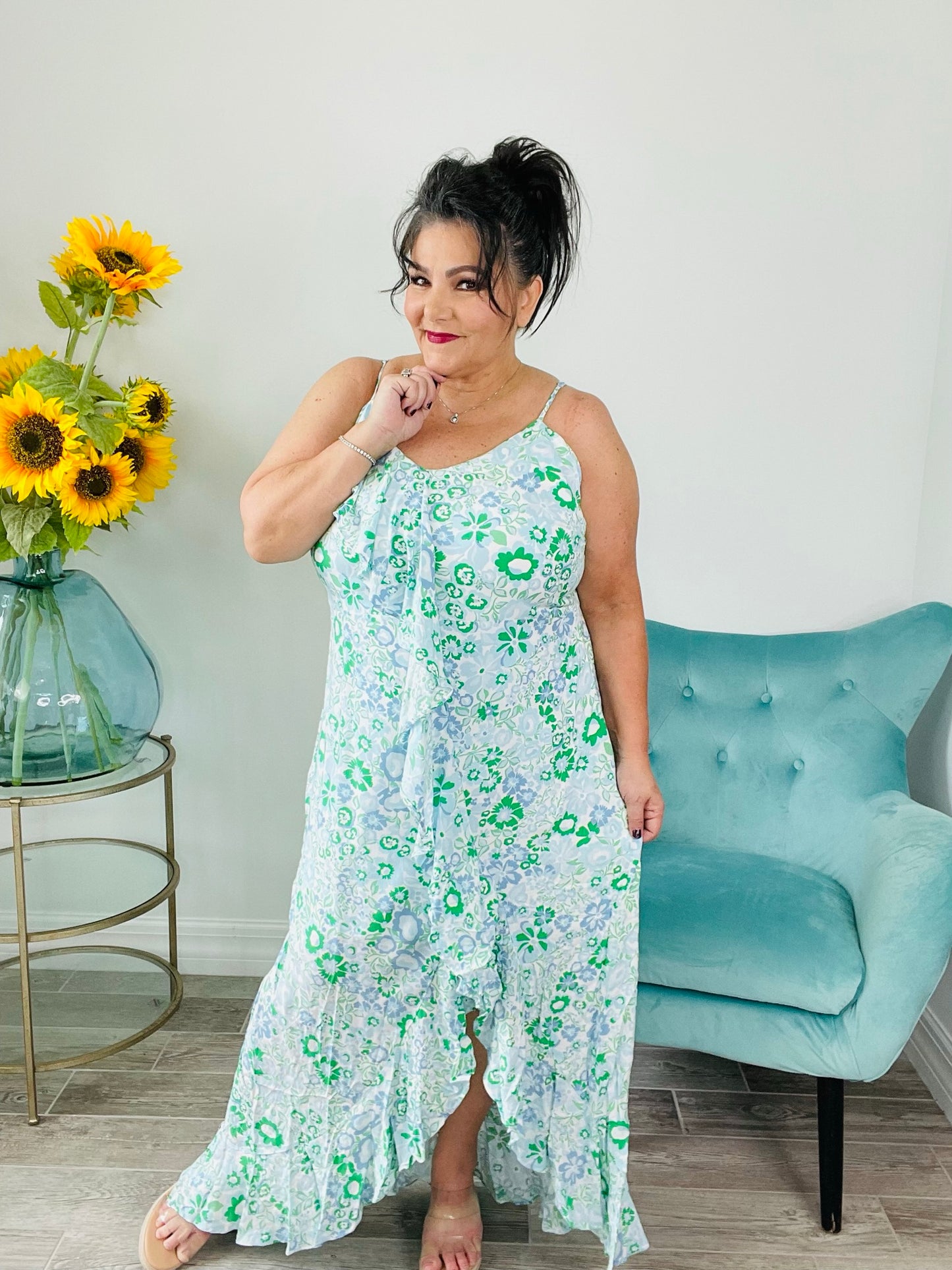 Baby Blue/Green Spaghetti Strap Dress-240 Dresses- Simply Simpson's Boutique is a Women's Online Fashion Boutique Located in Jupiter, Florida