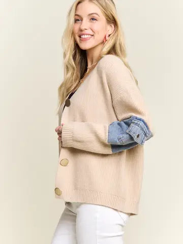 Denim Detail Knit Cardigan-150 Sweaters- Simply Simpson's Boutique is a Women's Online Fashion Boutique Located in Jupiter, Florida