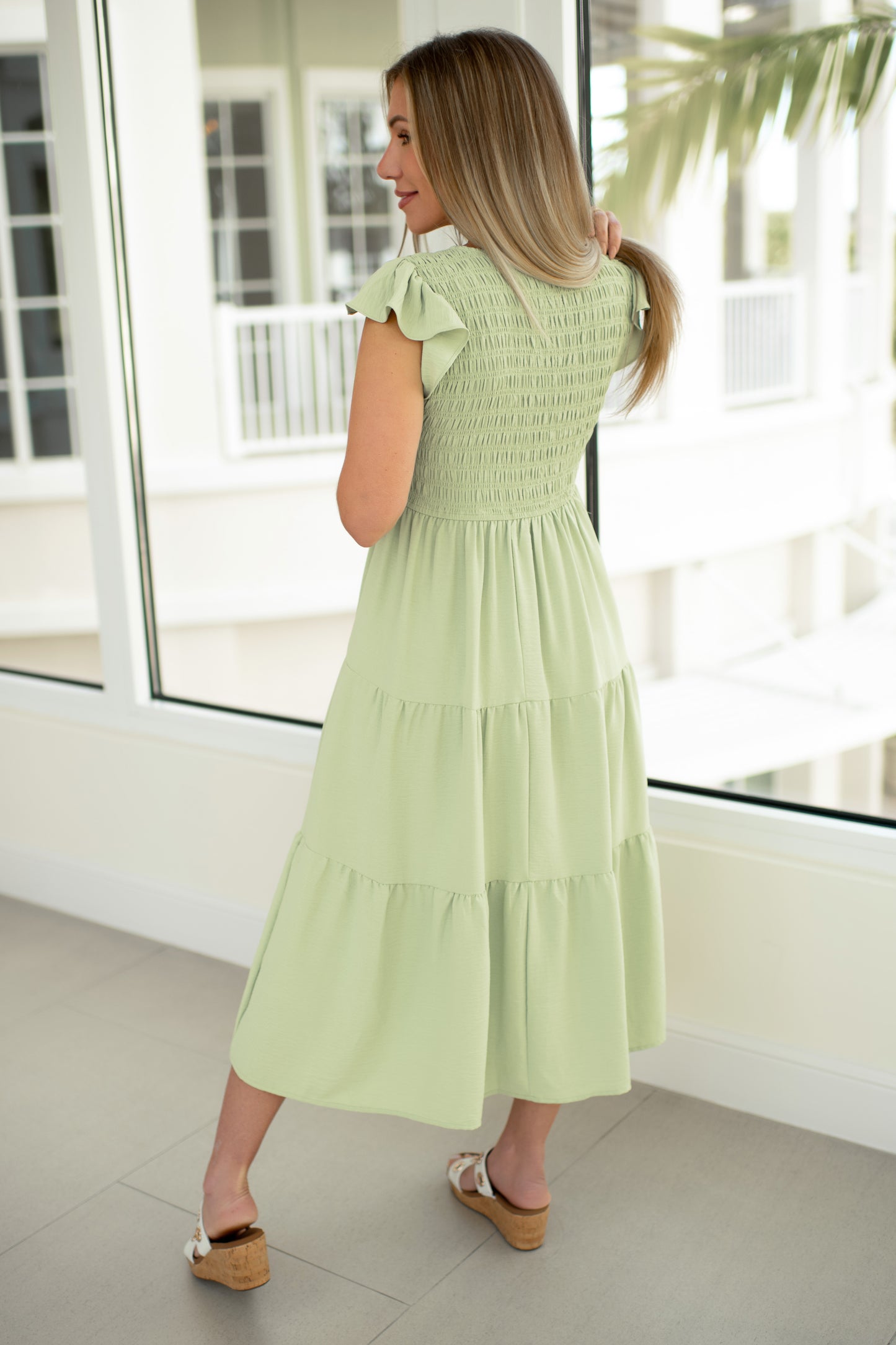 Spring Green Flutter Sleeve Midi Dress-240 Dresses- Simply Simpson's Boutique is a Women's Online Fashion Boutique Located in Jupiter, Florida