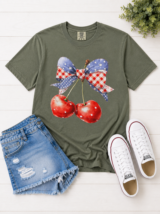 Preorder Americana Cherry Bow Graphic Tee-140 Graphic Tees- Simply Simpson's Boutique is a Women's Online Fashion Boutique Located in Jupiter, Florida
