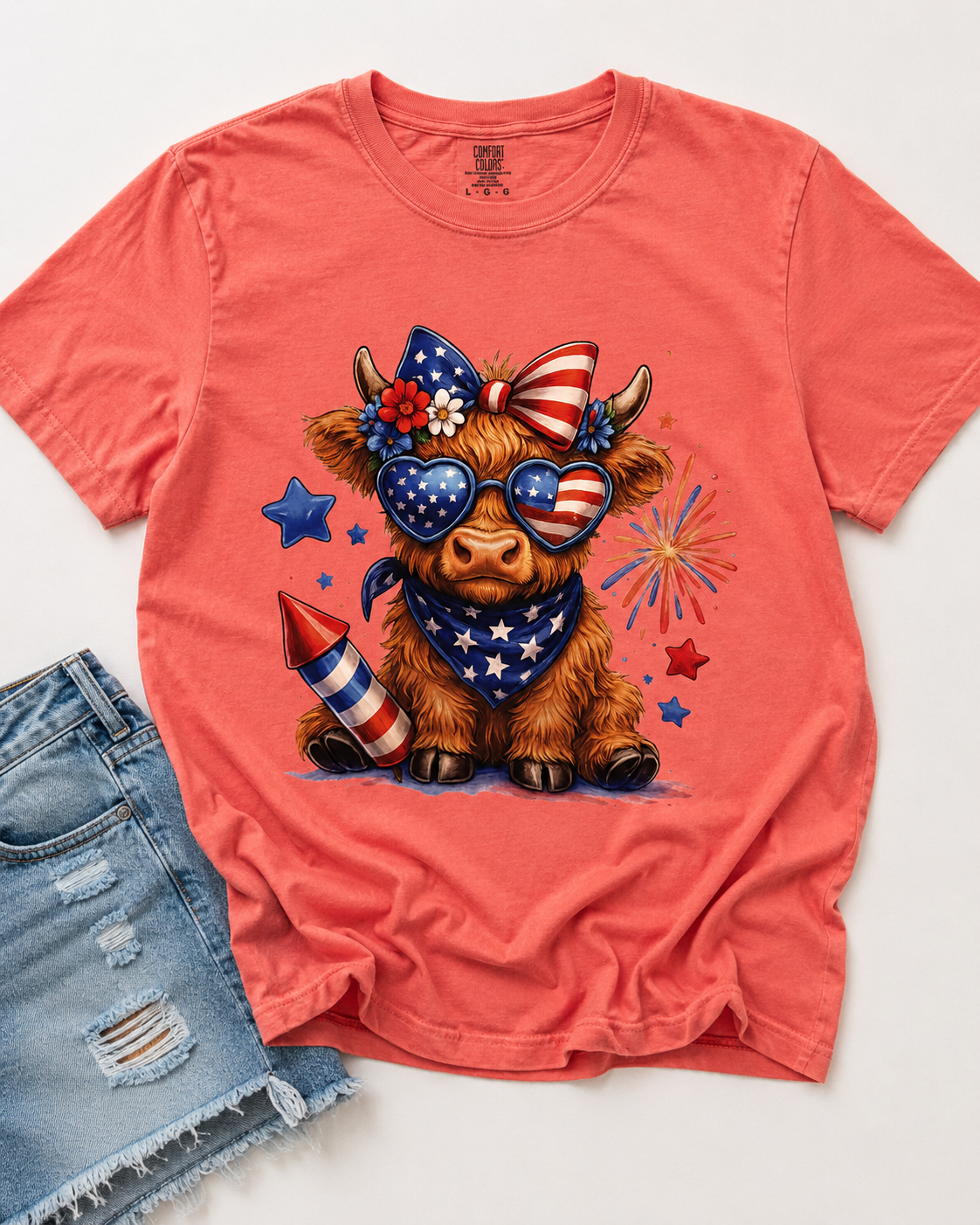 Preorder Coral Patriotic Highland Cow Graphic Tee-140 Graphic Tees- Simply Simpson's Boutique is a Women's Online Fashion Boutique Located in Jupiter, Florida