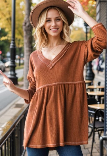 Rust Long Sleeve Babydoll Top-110 Long Sleeves- Simply Simpson's Boutique is a Women's Online Fashion Boutique Located in Jupiter, Florida