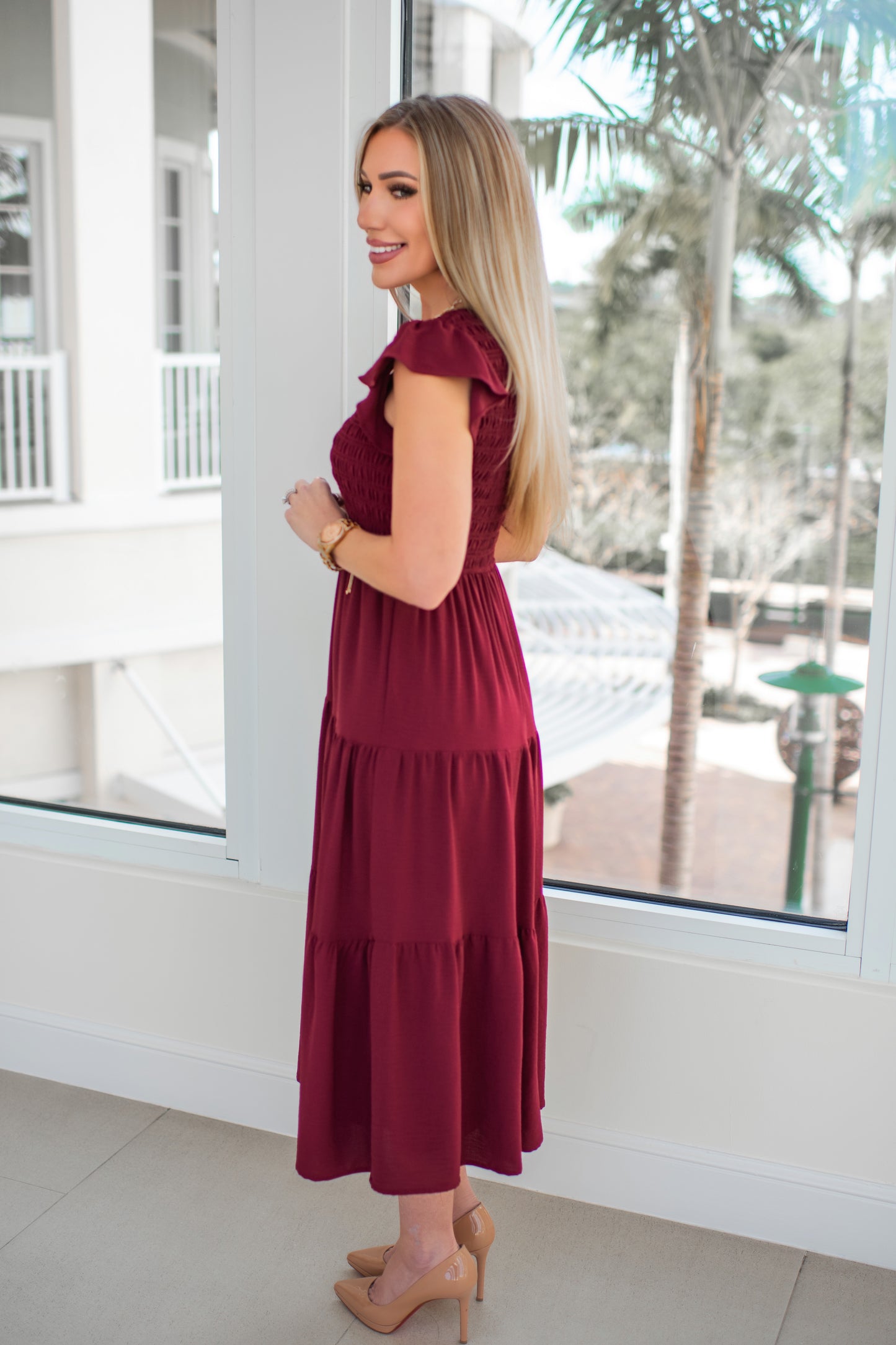 Burgundy Flutter Sleeve Midi Dress-240 Dresses- Simply Simpson's Boutique is a Women's Online Fashion Boutique Located in Jupiter, Florida