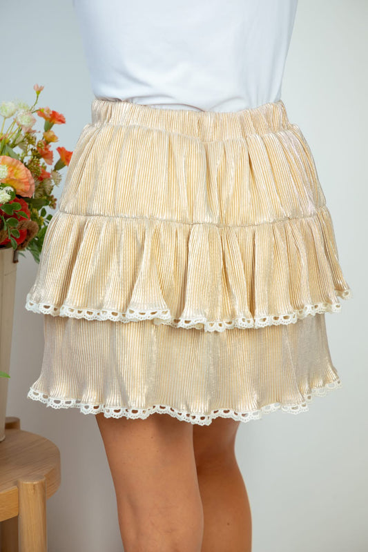 Gold Shimmer Ruffle Skirt- Simply Simpson's Boutique is a Women's Online Fashion Boutique Located in Jupiter, Florida