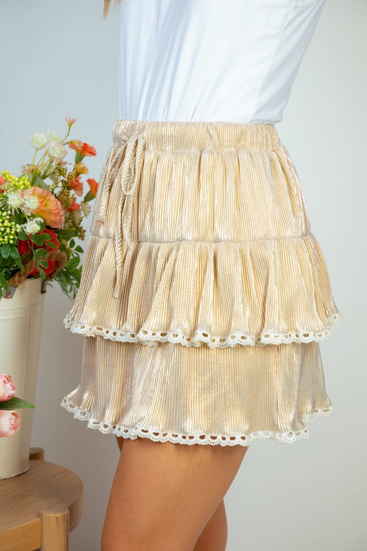Gold Shimmer Ruffle Skirt- Simply Simpson's Boutique is a Women's Online Fashion Boutique Located in Jupiter, Florida