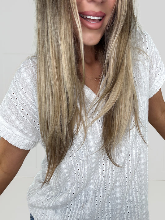 White Eyelet Short Sleeve V Neck-100 Short Sleeves- Simply Simpson's Boutique is a Women's Online Fashion Boutique Located in Jupiter, Florida