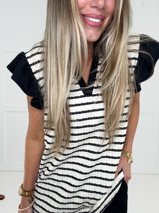 Black Sweet Stripe Ruffle Sleeve Top