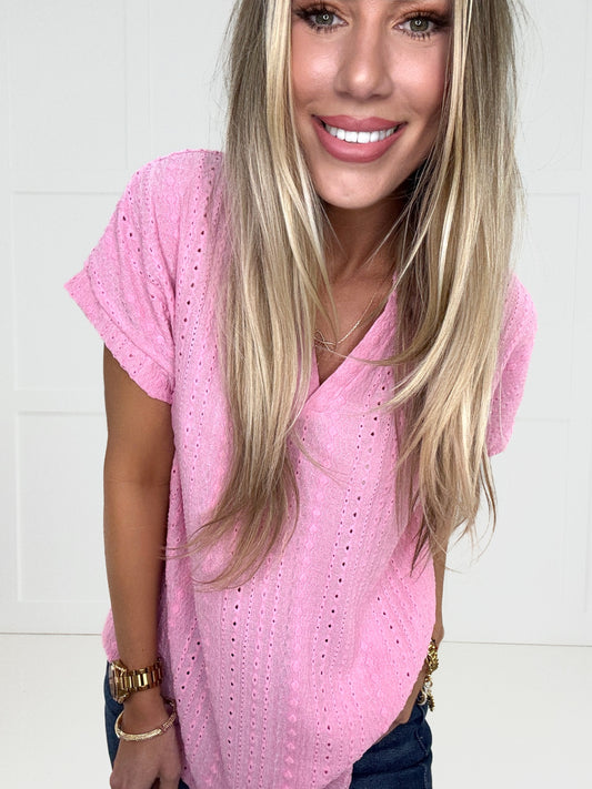 Pink Eyelet Short Sleeve V Neck