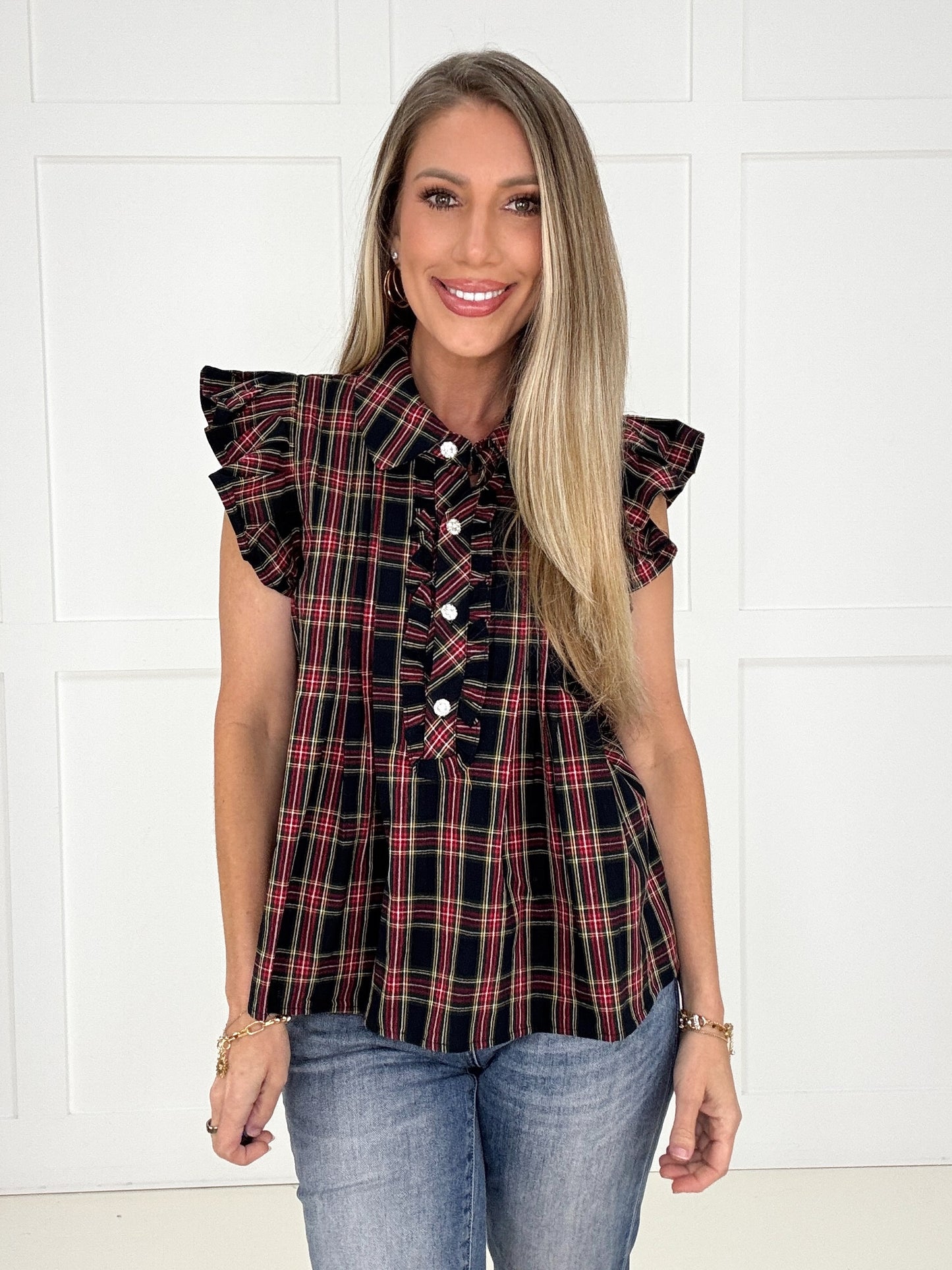 Black Festive Flair Plaid Top-100 Short Sleeves- Simply Simpson's Boutique is a Women's Online Fashion Boutique Located in Jupiter, Florida