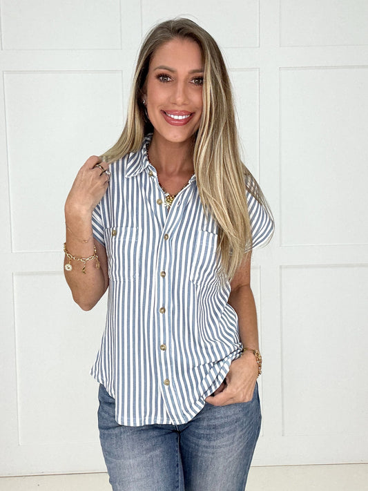 Dusty Blue Easygoing Stripe Button Down-100 Short Sleeves- Simply Simpson's Boutique is a Women's Online Fashion Boutique Located in Jupiter, Florida