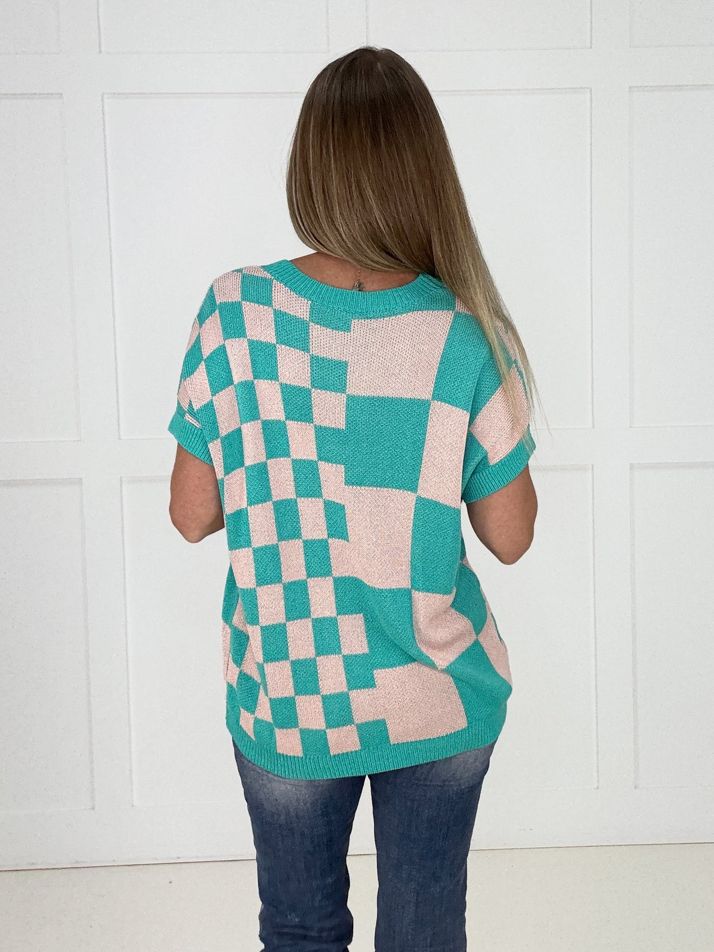Aqua Checkmate Knit Top-100 Short Sleeves- Simply Simpson's Boutique is a Women's Online Fashion Boutique Located in Jupiter, Florida
