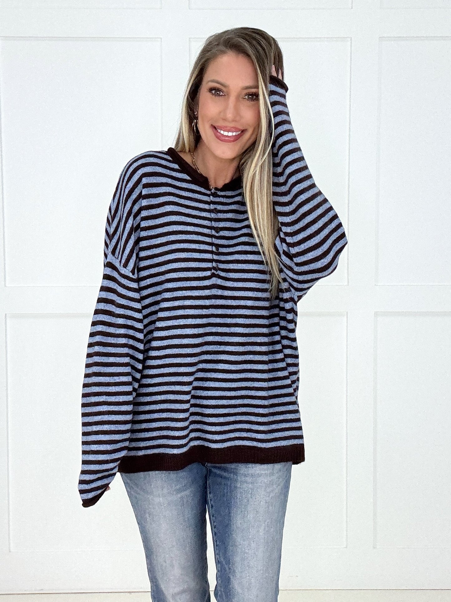 Blue/Brown Sutton Henley Sweater-110 Long Sleeves- Simply Simpson's Boutique is a Women's Online Fashion Boutique Located in Jupiter, Florida