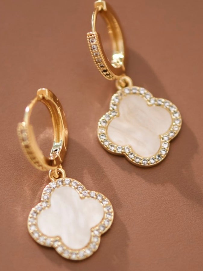 18K Gold Plated White Clover Drop Earrings-280 Jewelry- Simply Simpson's Boutique is a Women's Online Fashion Boutique Located in Jupiter, Florida