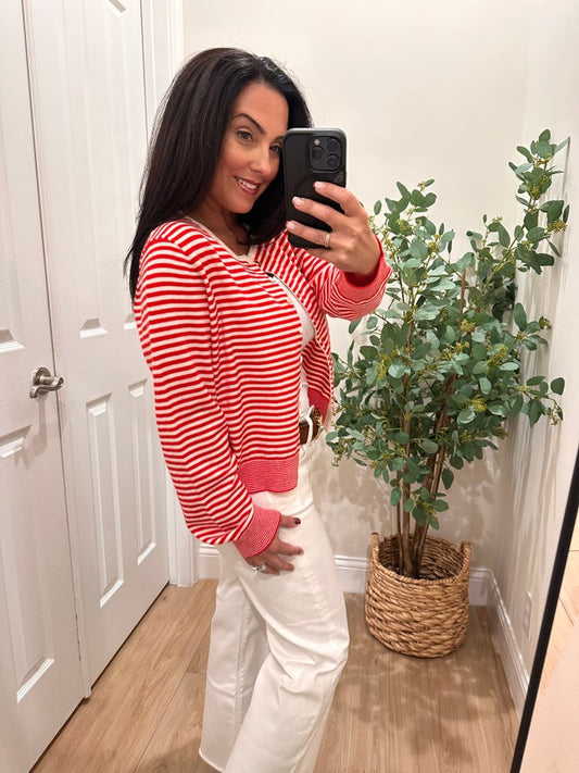 Mod Ref Red Striped Cardigan- Simply Simpson's Boutique is a Women's Online Fashion Boutique Located in Jupiter, Florida