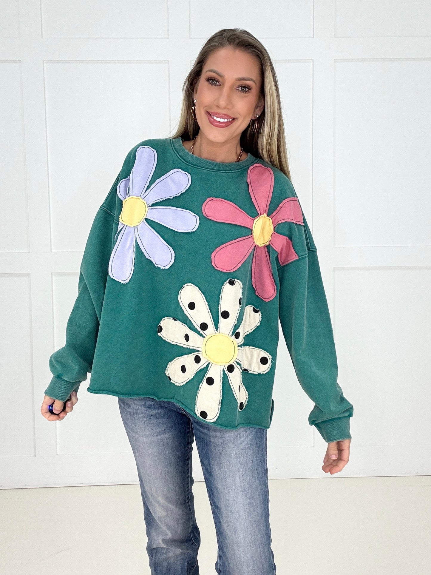 Teal Petal Patch Pullover-150 Sweaters- Simply Simpson's Boutique is a Women's Online Fashion Boutique Located in Jupiter, Florida