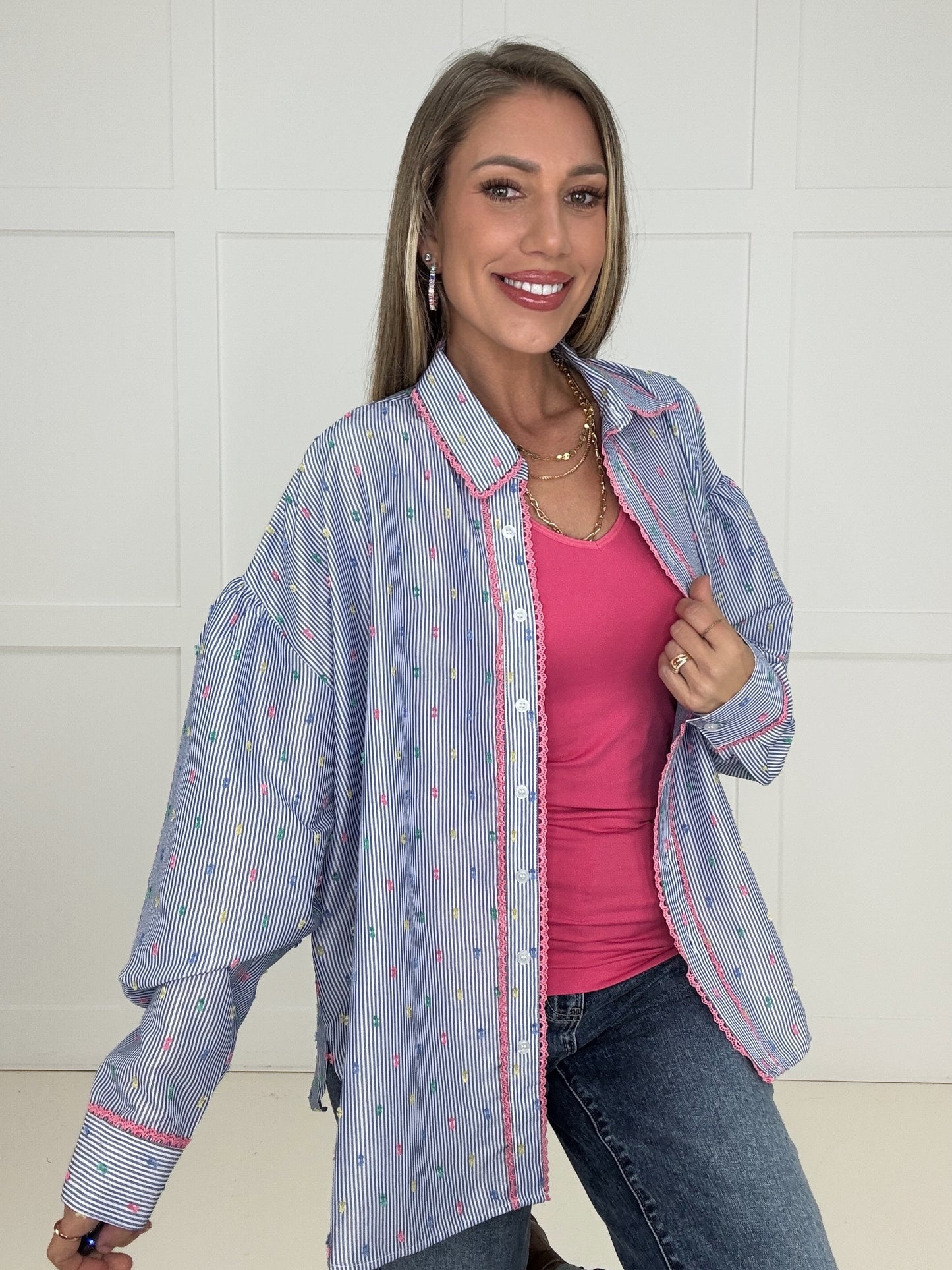 Pompom Striped Button Down-110 Long Sleeves- Simply Simpson's Boutique is a Women's Online Fashion Boutique Located in Jupiter, Florida