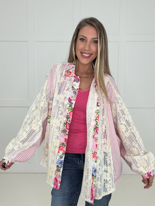 Pol Pink Mixed Print Floral Button Down Top-110 Long Sleeves- Simply Simpson's Boutique is a Women's Online Fashion Boutique Located in Jupiter, Florida
