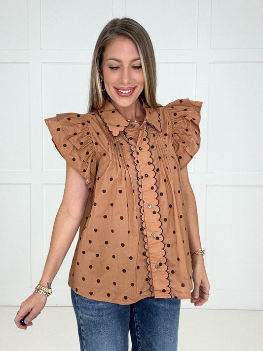 Cocoa Dot Darling Blouse-100 Short Sleeves- Simply Simpson's Boutique is a Women's Online Fashion Boutique Located in Jupiter, Florida