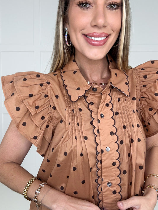 Cocoa Dot Darling Blouse-100 Short Sleeves- Simply Simpson's Boutique is a Women's Online Fashion Boutique Located in Jupiter, Florida