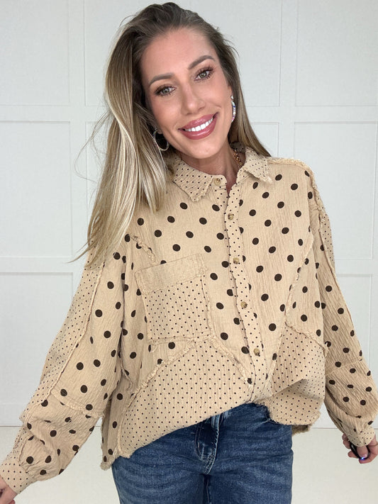 Dot to Dot Distressed Button Down-110 Long Sleeves- Simply Simpson's Boutique is a Women's Online Fashion Boutique Located in Jupiter, Florida