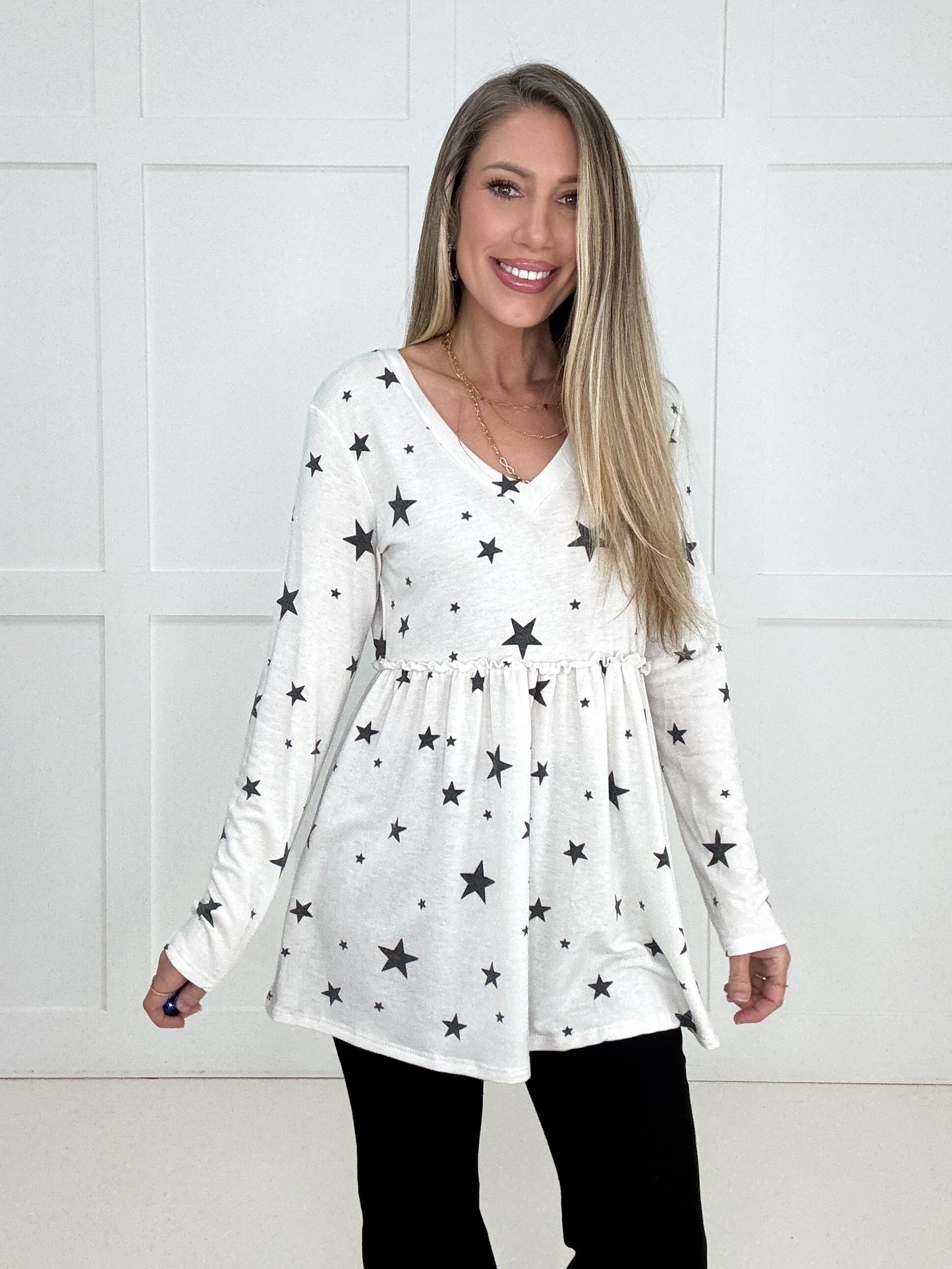 Ivory Written In The Stars Babydoll Top-110 Long Sleeves- Simply Simpson's Boutique is a Women's Online Fashion Boutique Located in Jupiter, Florida