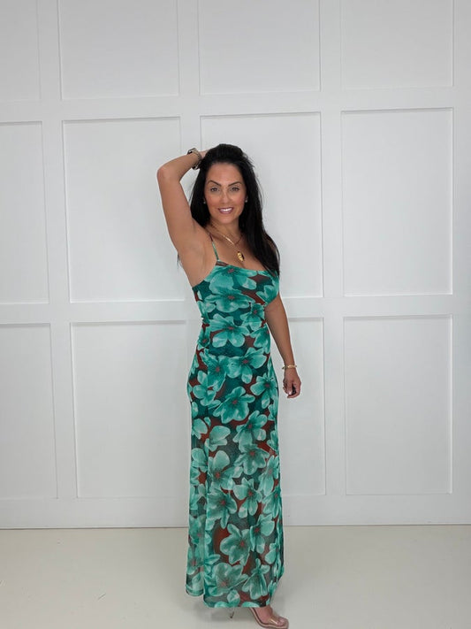 Teal Presley Mesh Floral Print Dress- Simply Simpson's Boutique is a Women's Online Fashion Boutique Located in Jupiter, Florida