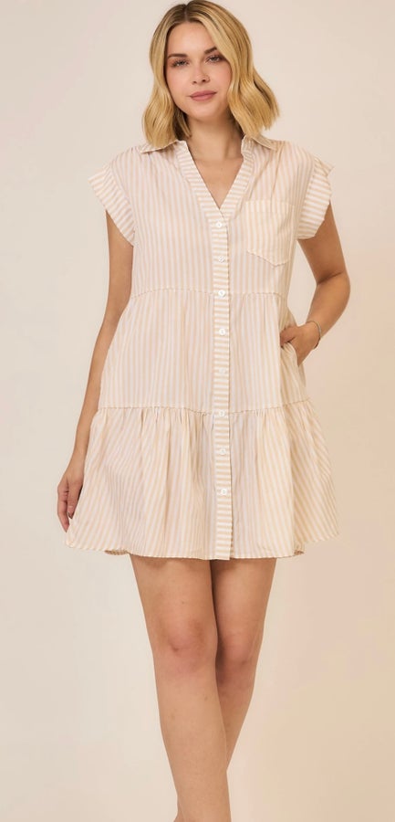 Tan Abella Striped Button Down Dress- Simply Simpson's Boutique is a Women's Online Fashion Boutique Located in Jupiter, Florida