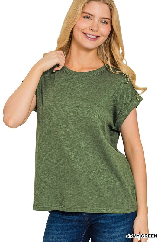 Army Green Cotton/Modal Rolled Sleeve Tee- Simply Simpson's Boutique is a Women's Online Fashion Boutique Located in Jupiter, Florida