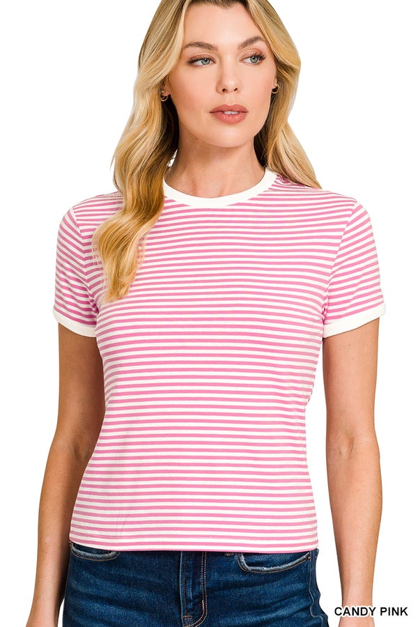 Pink Stripped Contrast Trim Tee- Simply Simpson's Boutique is a Women's Online Fashion Boutique Located in Jupiter, Florida