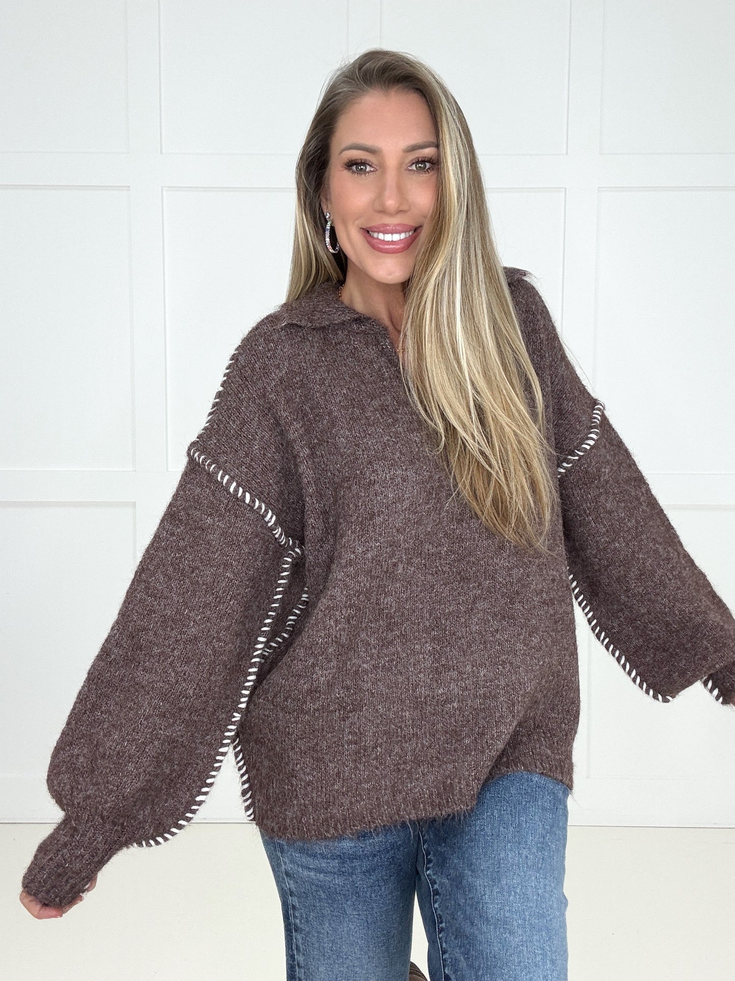 Brown Whipstitch Wanderer Sweater-150 Sweaters- Simply Simpson's Boutique is a Women's Online Fashion Boutique Located in Jupiter, Florida