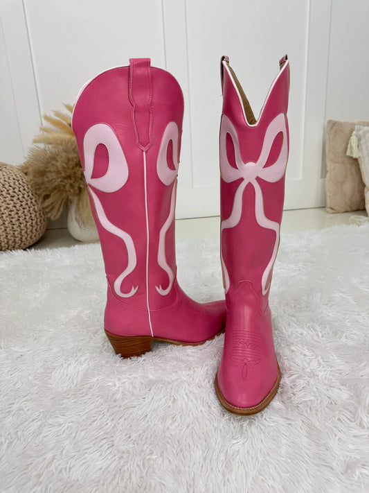 Solid Pink with Pink Bows Tall Bow Boots-260 Shoes- Simply Simpson's Boutique is a Women's Online Fashion Boutique Located in Jupiter, Florida