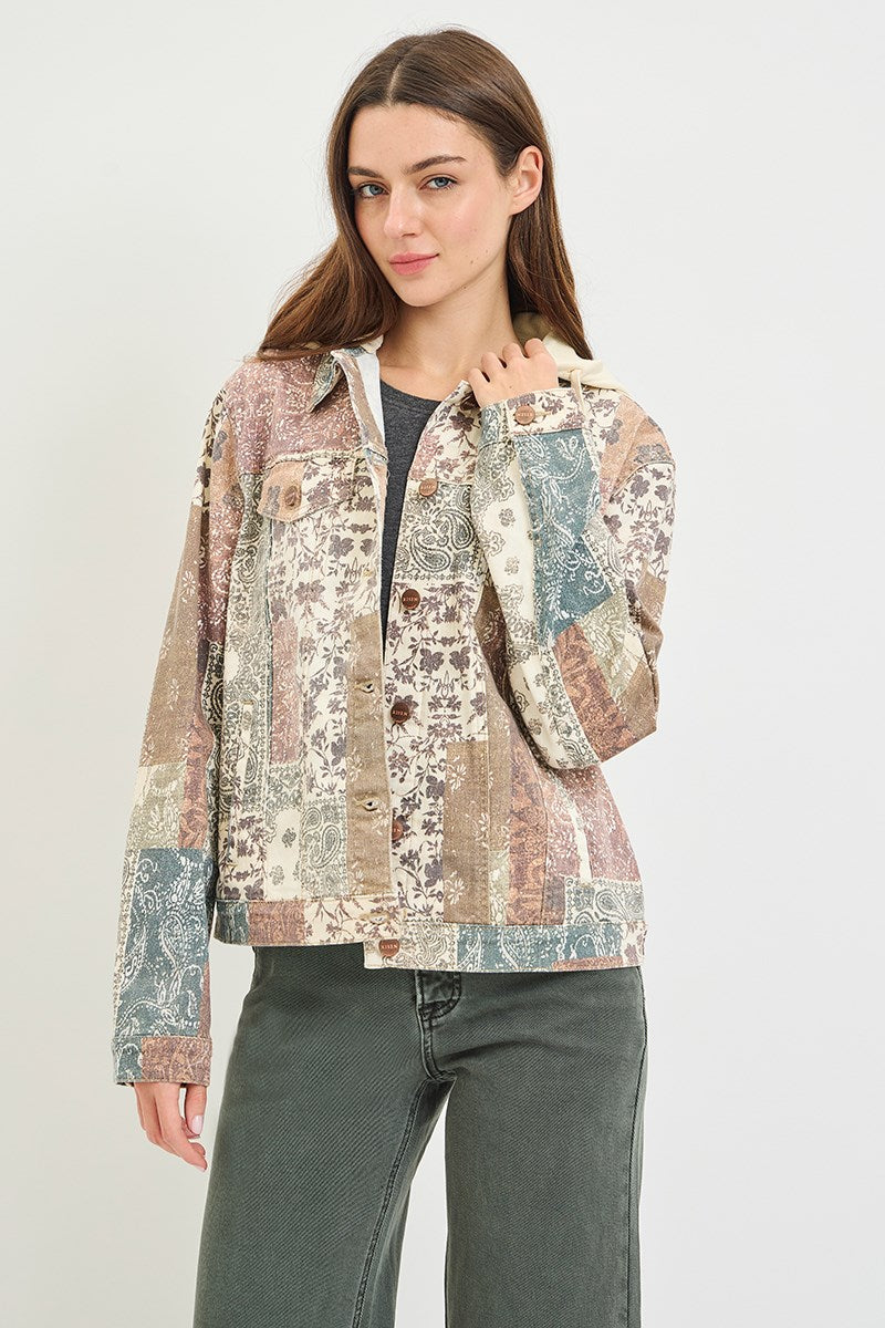 Risen Boho Bliss Denim Patchwork Hooded Jacket
