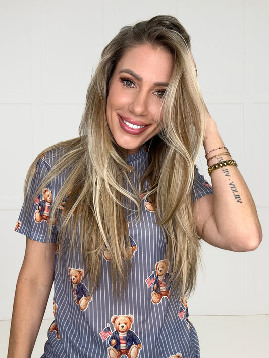 Patriotic Teddy Mesh Top-100 Short Sleeves- Simply Simpson's Boutique is a Women's Online Fashion Boutique Located in Jupiter, Florida