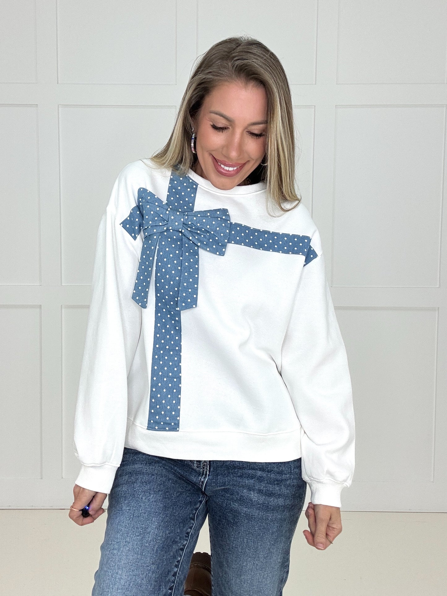 Dottie Denim Bow Sweatshirt-160 Sweatshirts- Simply Simpson's Boutique is a Women's Online Fashion Boutique Located in Jupiter, Florida