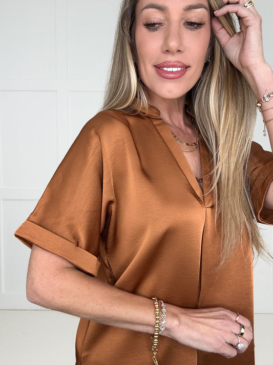 Copper Glam Satin V-Neck Blouse