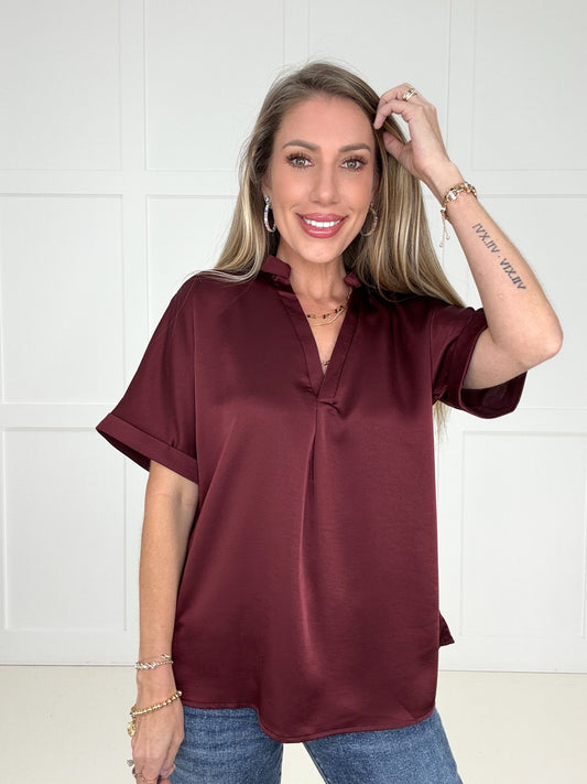 Wine Glam Satin V-Neck Blouse