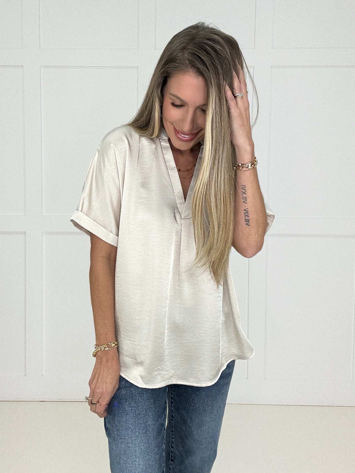 Cream Glam Satin V-Neck Blouse