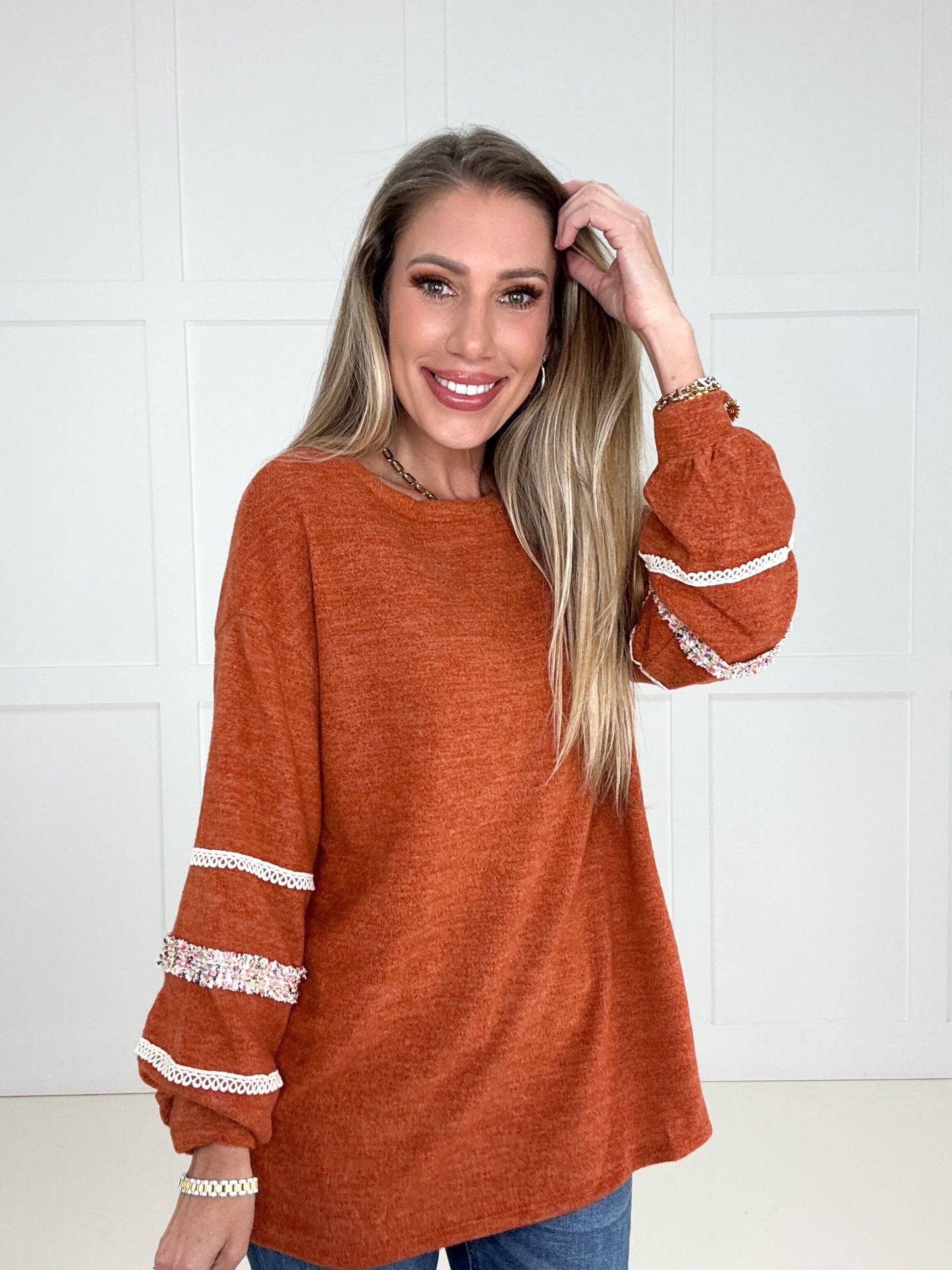 Copper Breeze Lace Detail Pullover-110 Long Sleeves- Simply Simpson's Boutique is a Women's Online Fashion Boutique Located in Jupiter, Florida