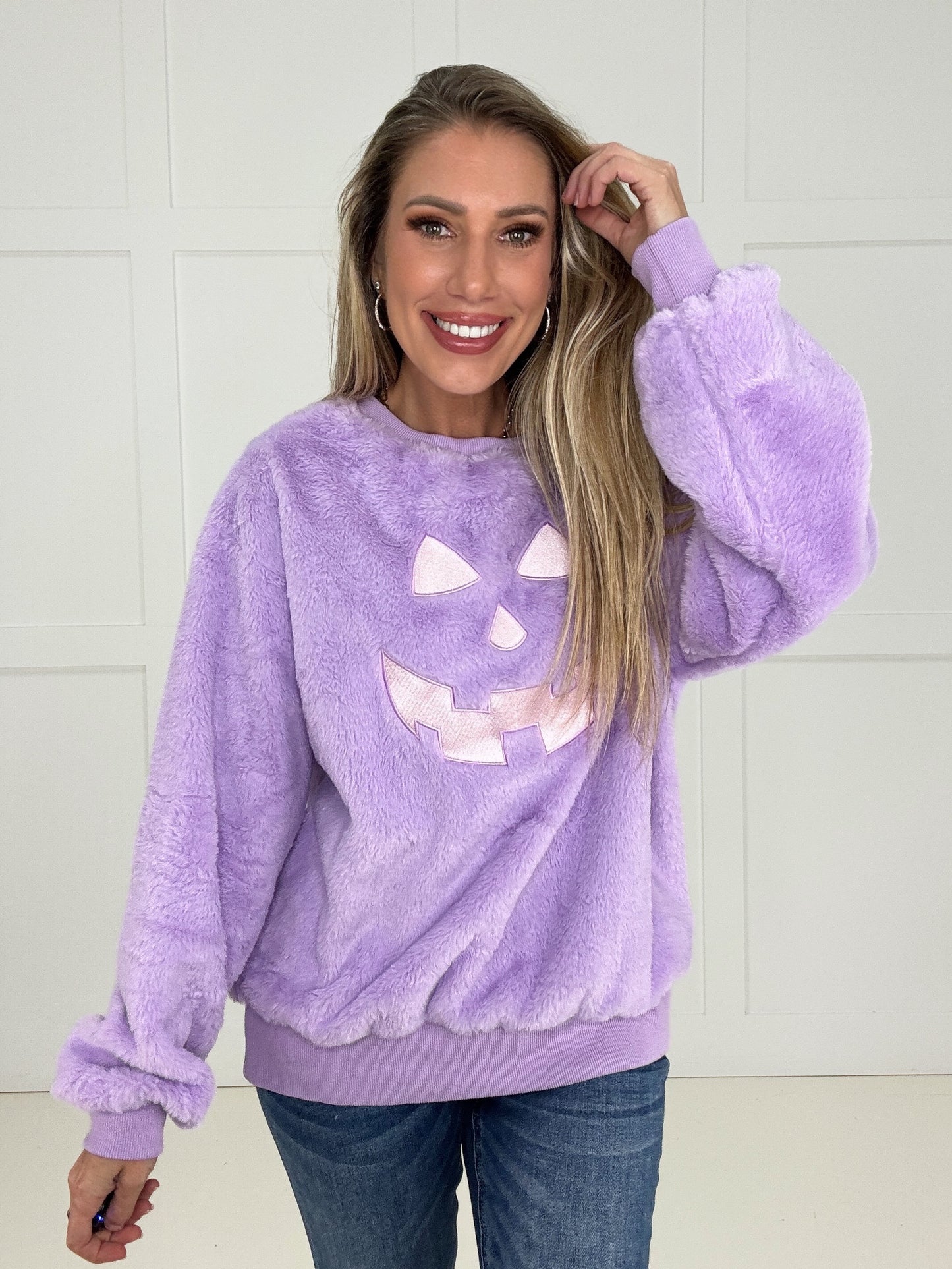 Lavender Pumpkin Plush Pullover-160 Sweatshirts- Simply Simpson's Boutique is a Women's Online Fashion Boutique Located in Jupiter, Florida