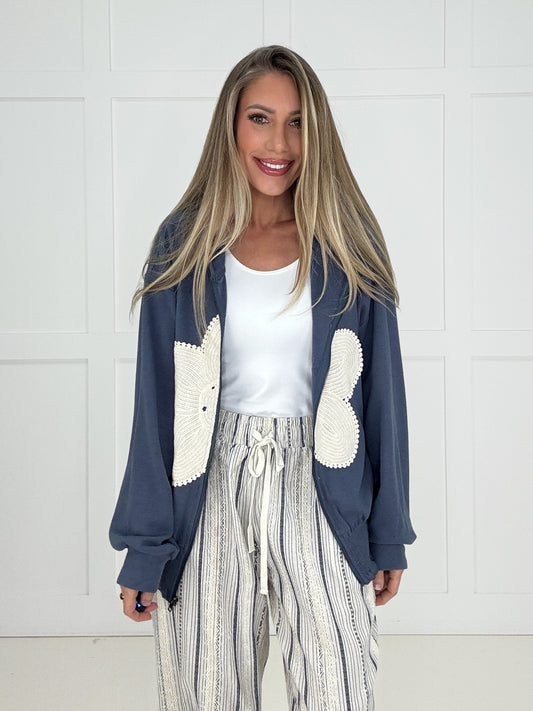 Indigo Bloom Zip Up Hoodie-150 Sweaters- Simply Simpson's Boutique is a Women's Online Fashion Boutique Located in Jupiter, Florida