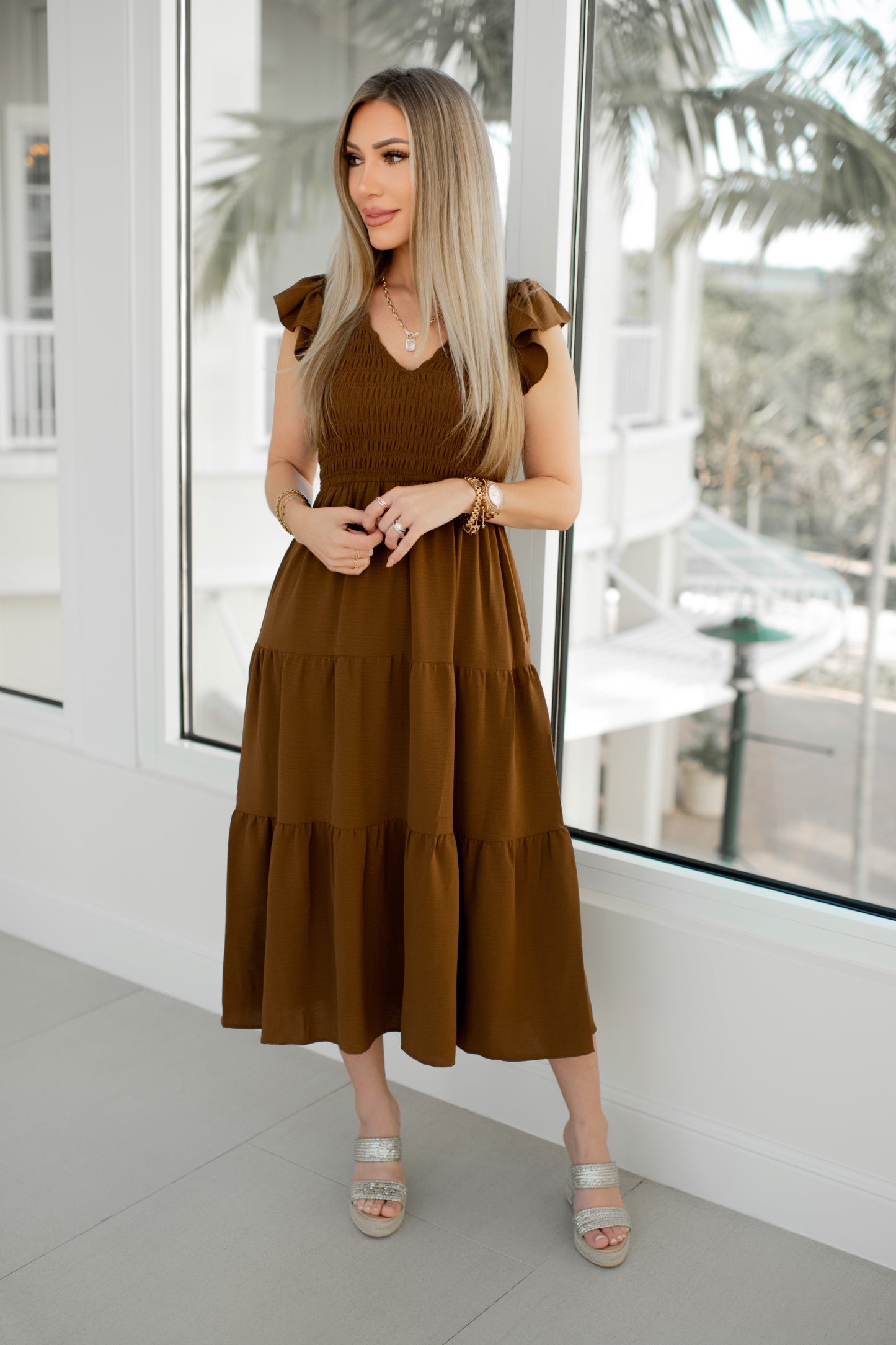 Brown Flutter Sleeve Midi Dress-240 Dresses- Simply Simpson's Boutique is a Women's Online Fashion Boutique Located in Jupiter, Florida