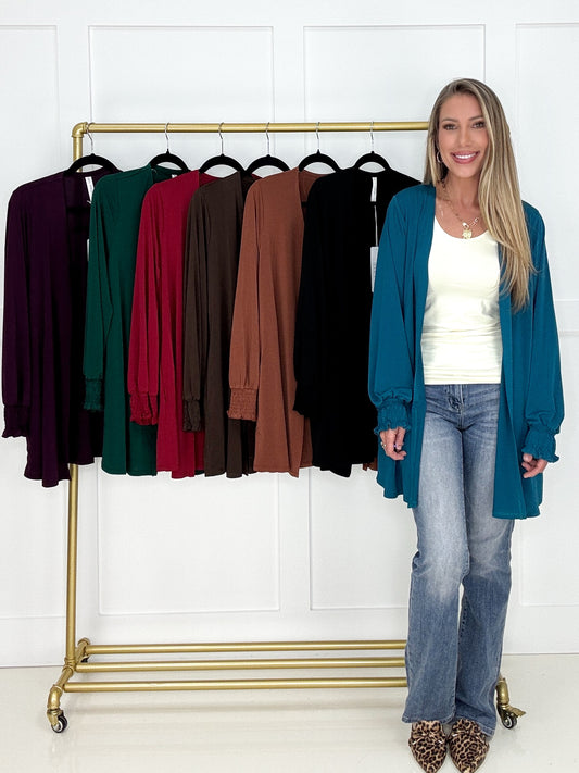 Dear Scarlett Smocked Sleeve Lizzy Cardigan-180 Outerwear- Simply Simpson's Boutique is a Women's Online Fashion Boutique Located in Jupiter, Florida