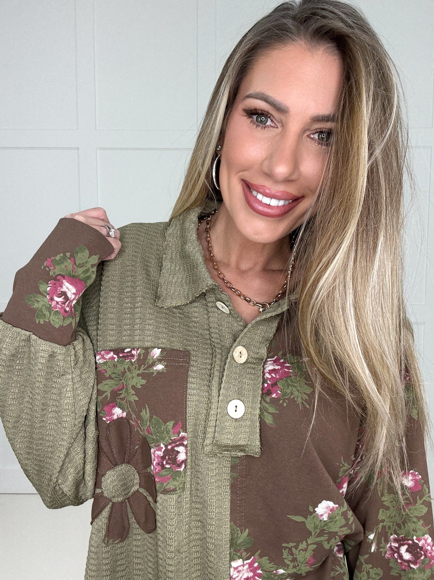 Olive Orchard Patchwork Top-110 Long Sleeves- Simply Simpson's Boutique is a Women's Online Fashion Boutique Located in Jupiter, Florida