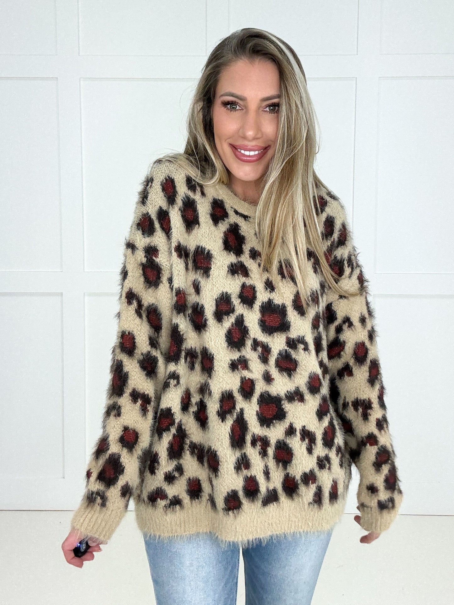 Taupe Fuzzy Leopard Sweater