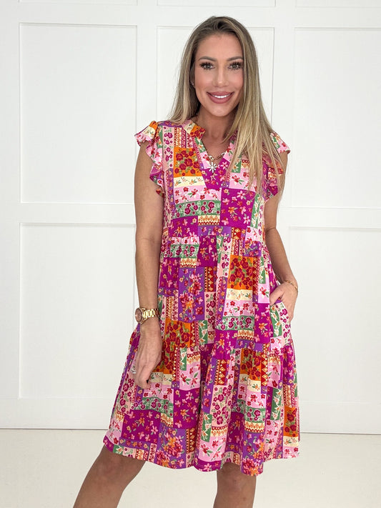 Dear Scarlett Patchwork Tiered Flutter Sleeve Dress-240 Dresses- Simply Simpson's Boutique is a Women's Online Fashion Boutique Located in Jupiter, Florida