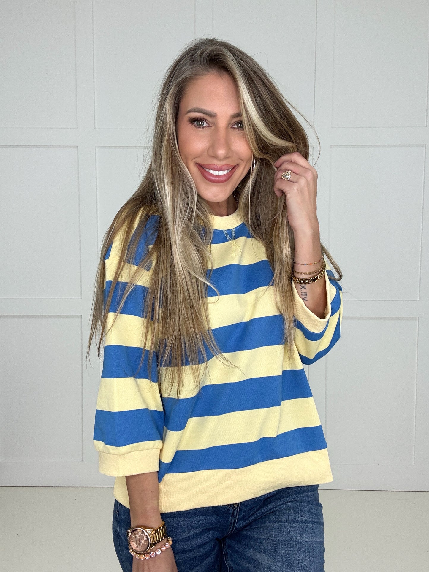 Blue/Yellow Boardwalk Breeze Pullover-160 Sweatshirts- Simply Simpson's Boutique is a Women's Online Fashion Boutique Located in Jupiter, Florida
