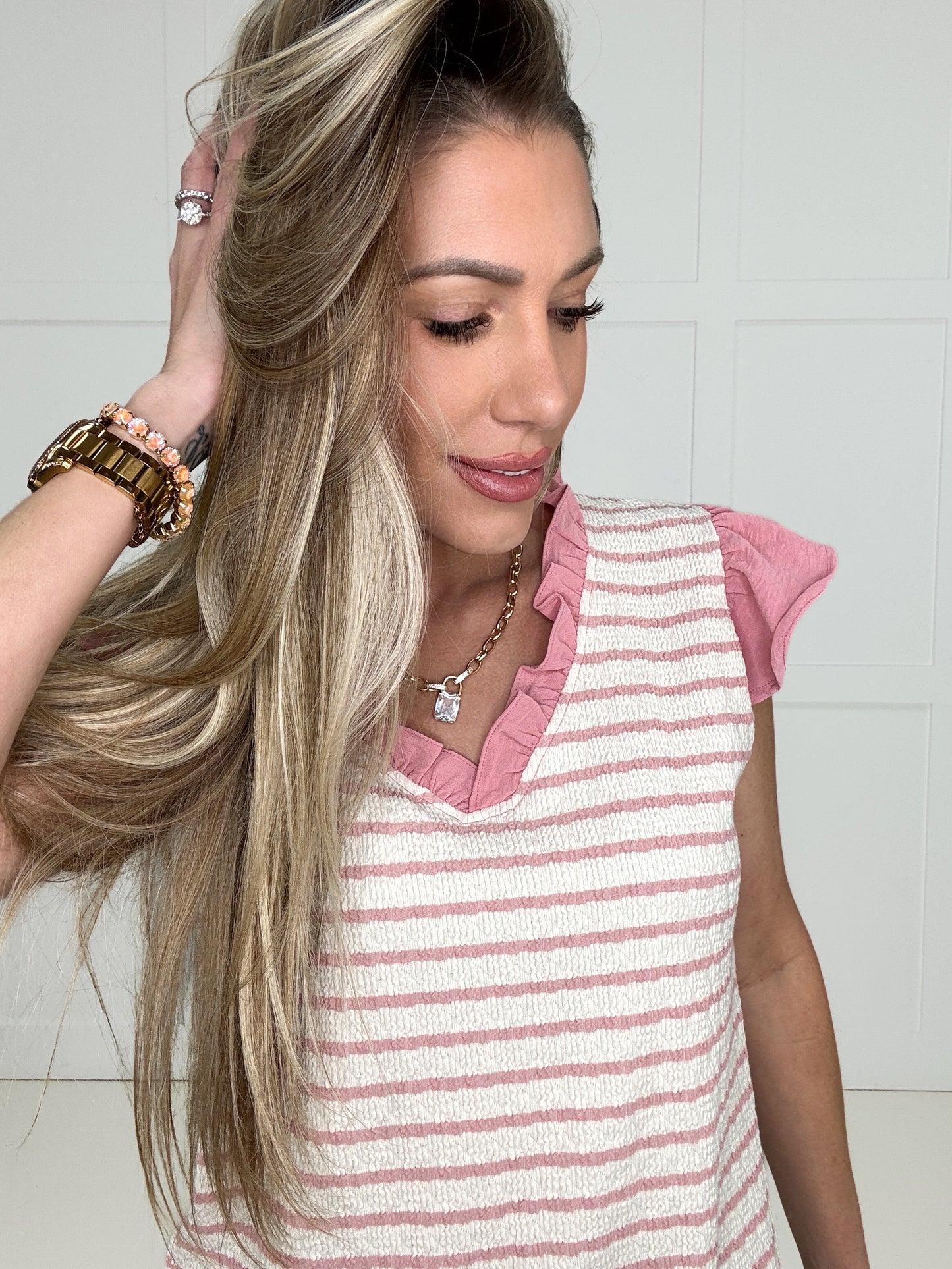 Rose Ruffle Stripe Top-100 Short Sleeves- Simply Simpson's Boutique is a Women's Online Fashion Boutique Located in Jupiter, Florida