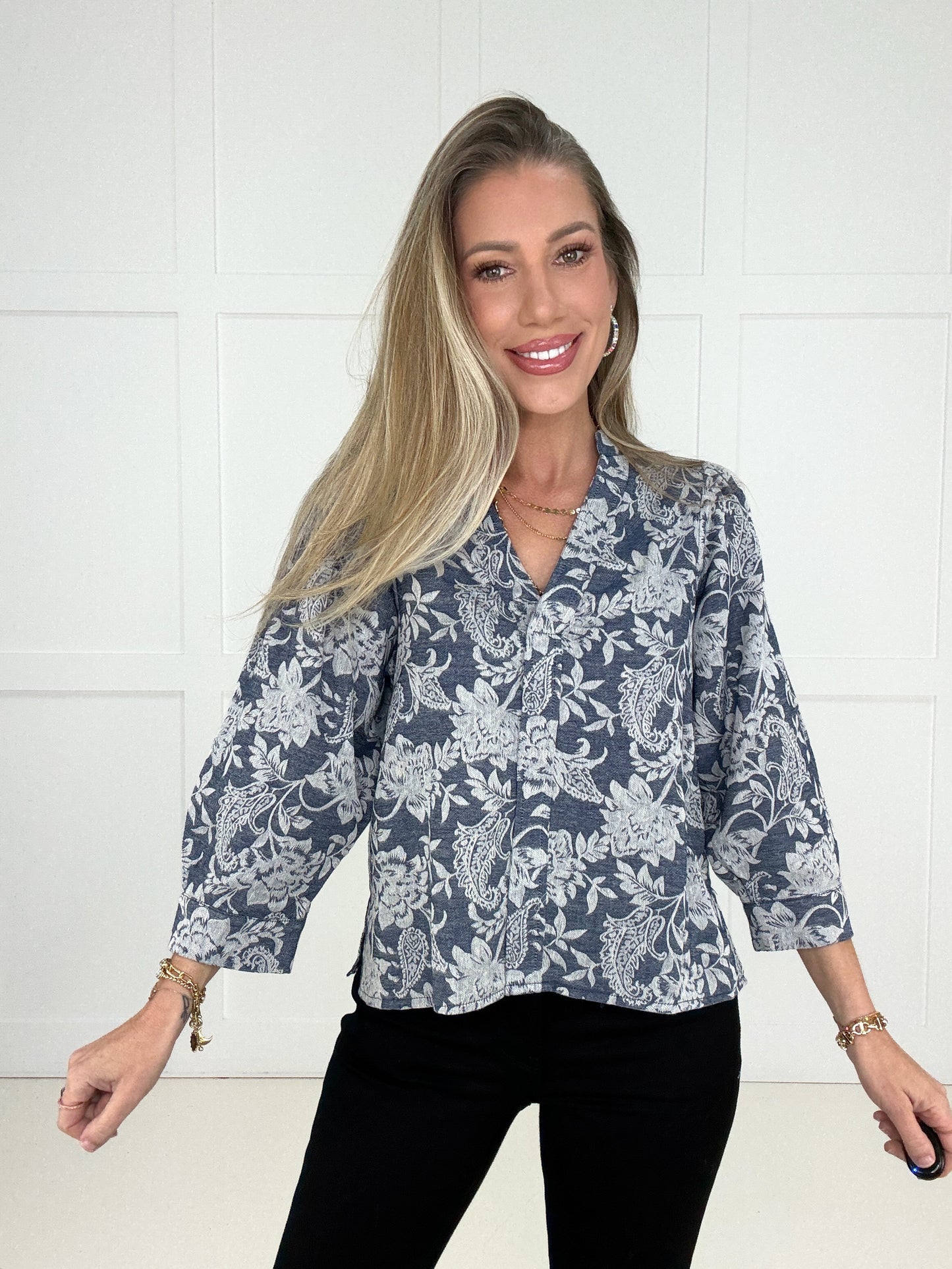 Paisley Floral V-Neck Denim Blouse-100 Short Sleeves- Simply Simpson's Boutique is a Women's Online Fashion Boutique Located in Jupiter, Florida